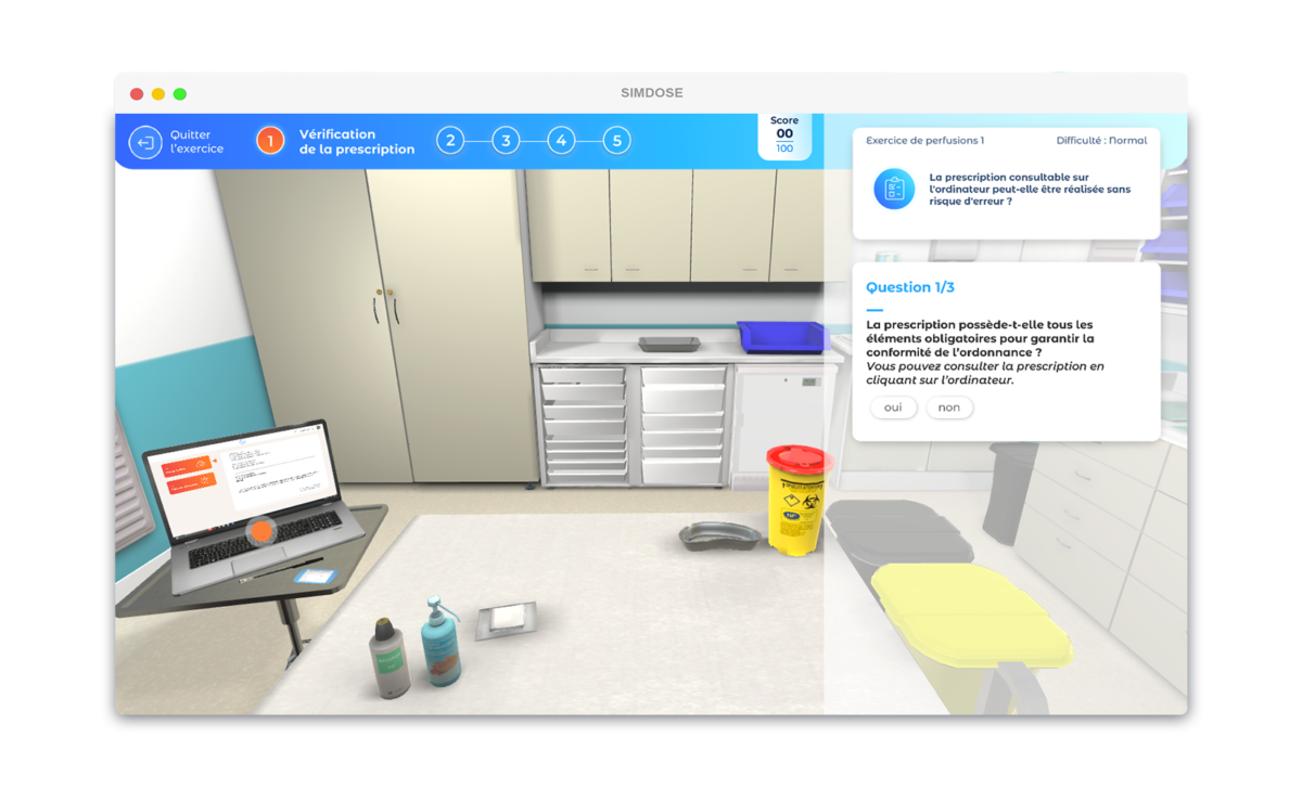 Simulateur numérique SIMDOSE présentant un quizz sur la prescription médicamenteuse