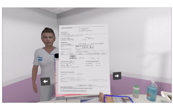 Infirmière en 3D guidant l'étudiant à réaliser un acte transfusionnel