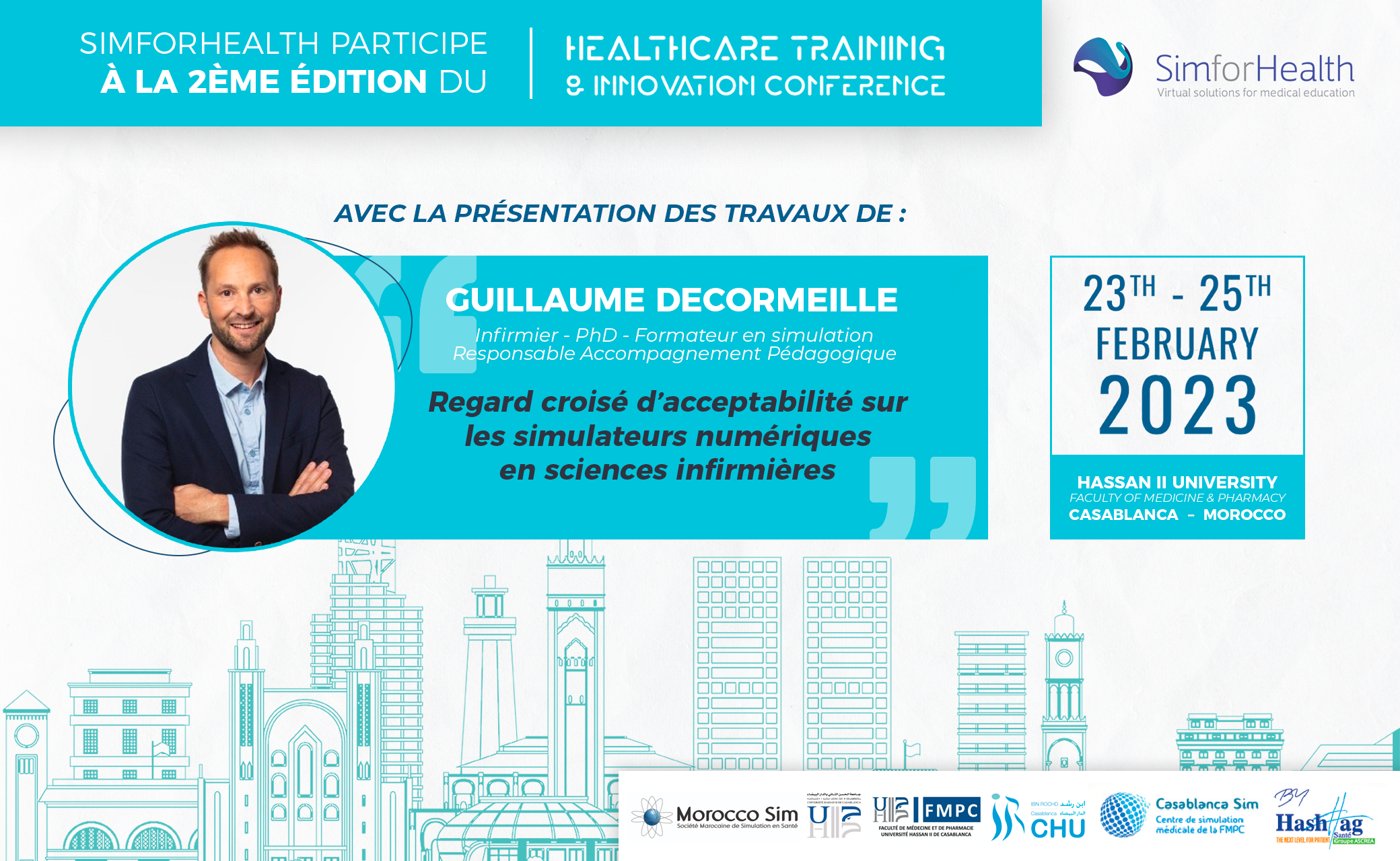 Illustration annonçant la participation de SimforHealth avec la présentation de travaux " Regards croisés d'acceptabilité sur les simulateurs numériques en sciences infirmières" à la 2ème édition du HTIC 2023 - healthcare training & innovation conference