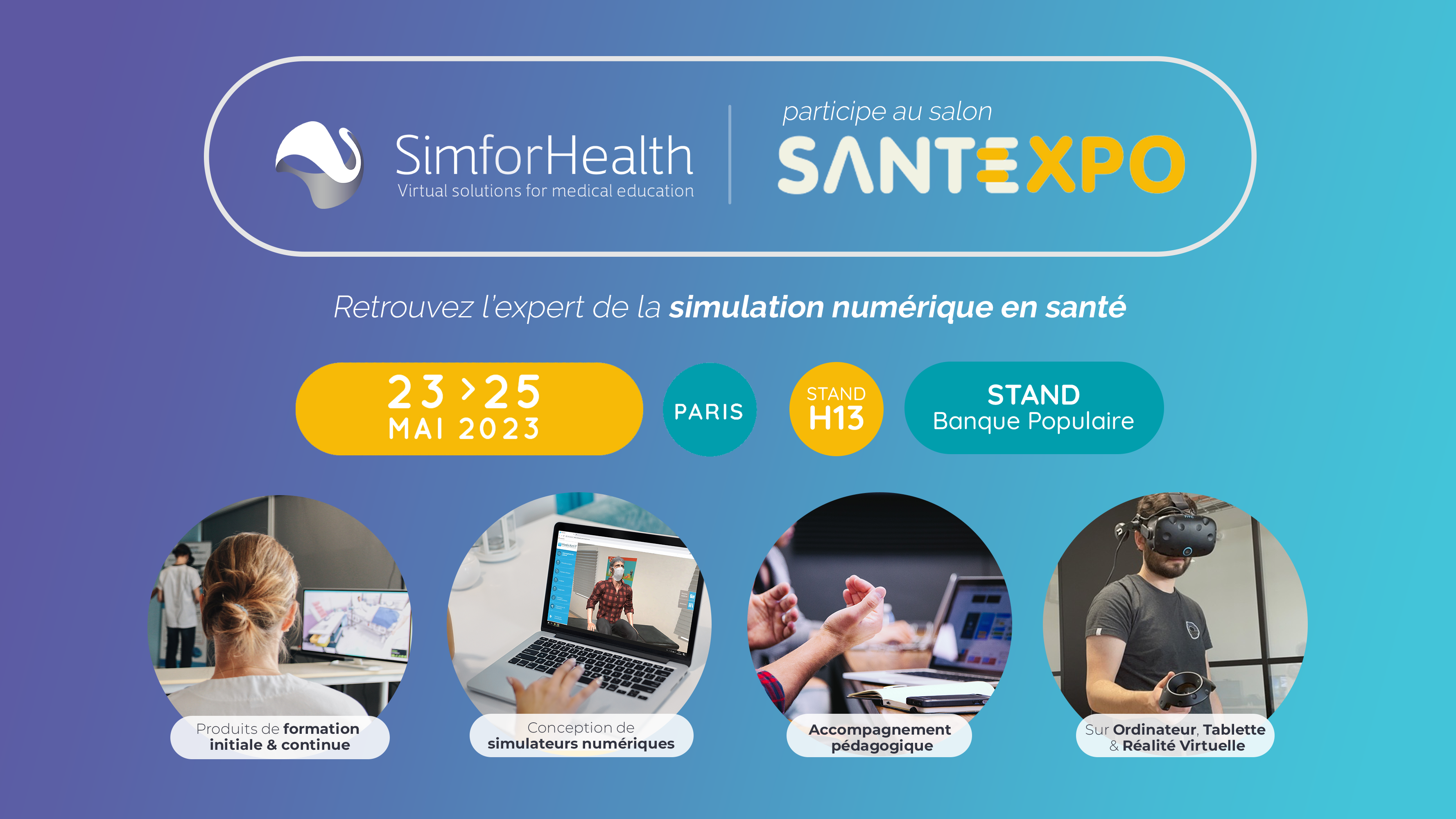 Visuel annonçant la participation de SimforHealth à SantExpo2023